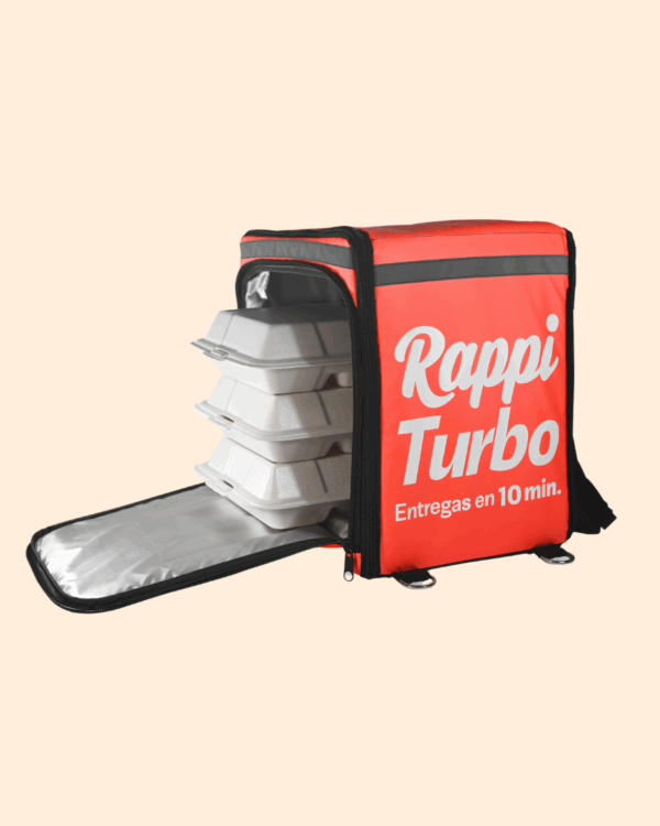 Mochila Rappi Turbo con aislamiento térmico aluminizado, diseño ligero y compacto con espacio para múltiples pedidos.