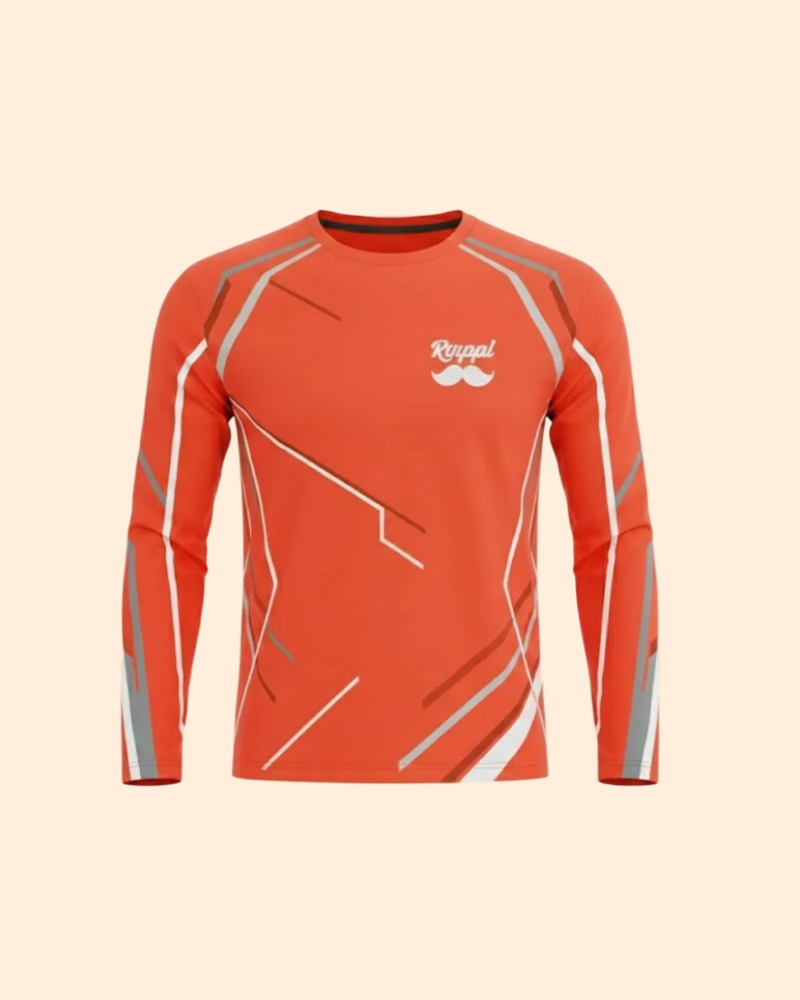 Playera deportiva manga larga naranja con logo Rappi y bigote